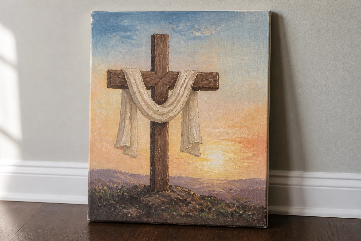 Wooden cross with white cloth on grassy hill under orange sunset sky
