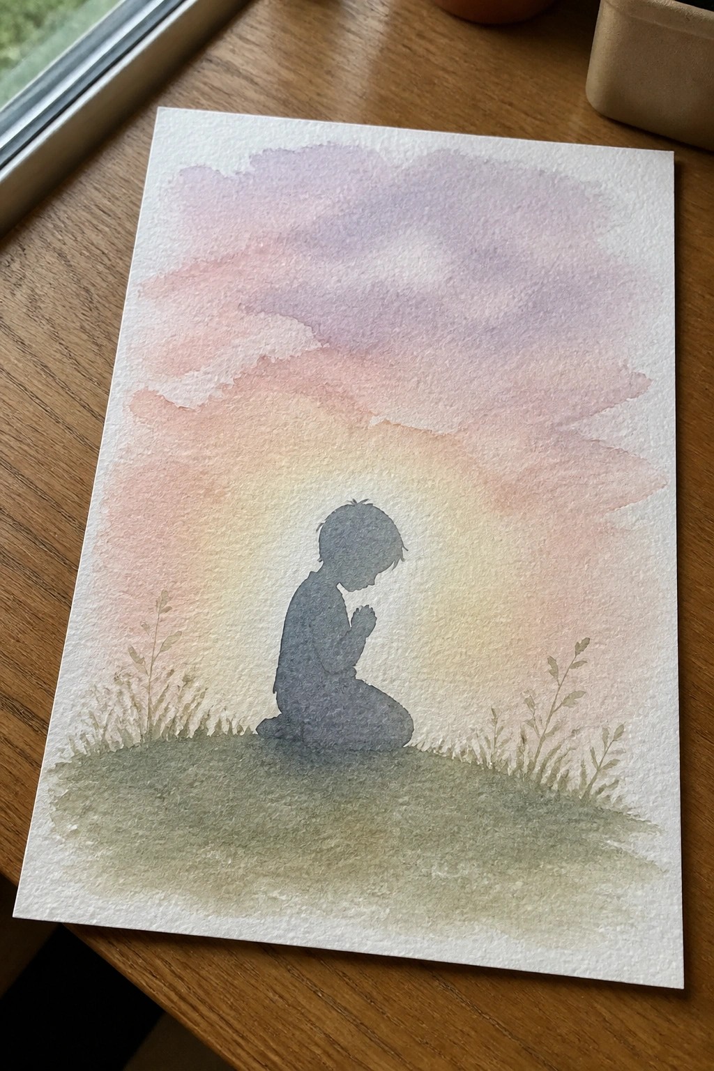 Silhouetted child kneeling in prayer on grassy hill under soft pink-orange watercolor sky