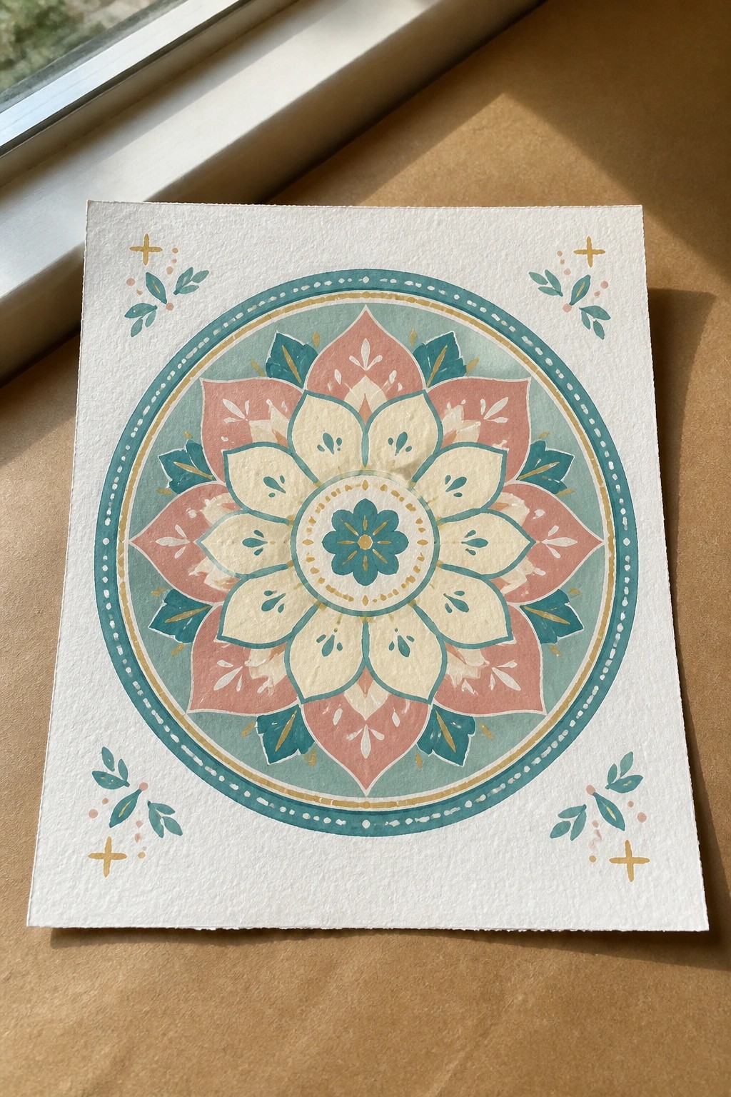 A circular mandala painting on white paper with layered cream, coral, and teal petals, a small center flower, gold dots, and decorative leaf clusters in the corners.