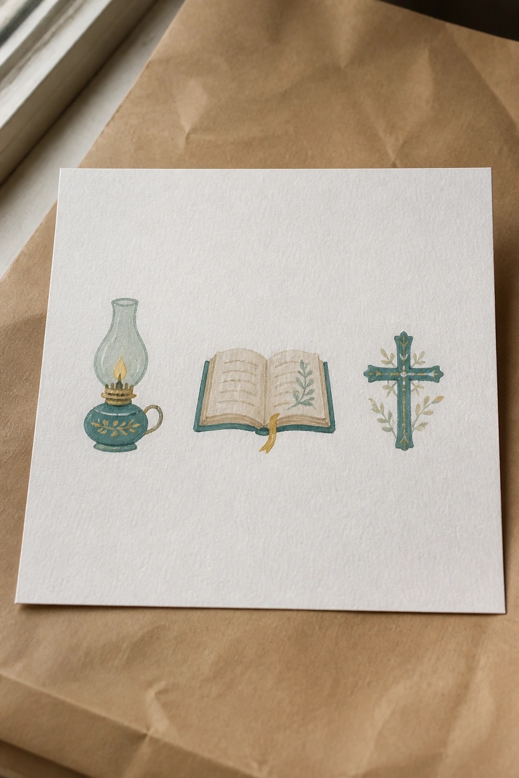 Watercolor of teal oil lamp, open book, and floral cross on white card
