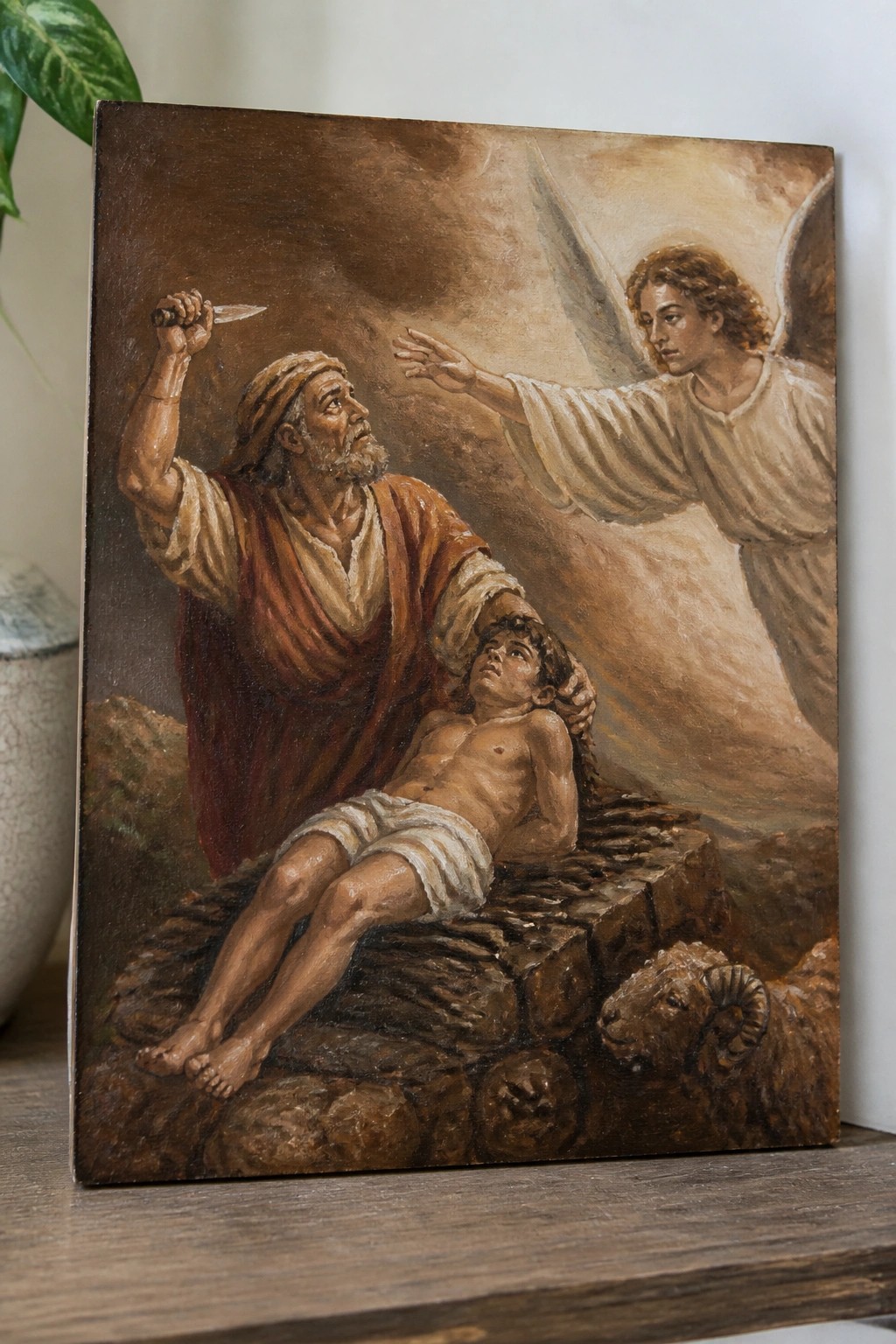 Man raises knife over boy on stone altar as angel reaches beside ram.