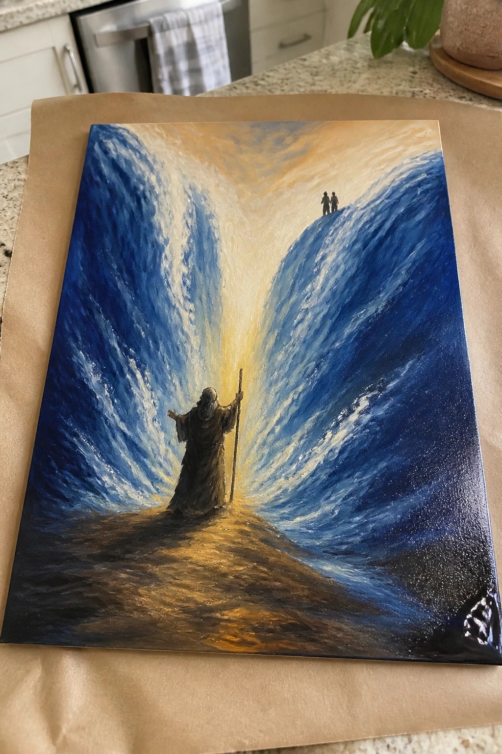 Bearded figure in brown robe parts swirling blue waves with staff under golden light.