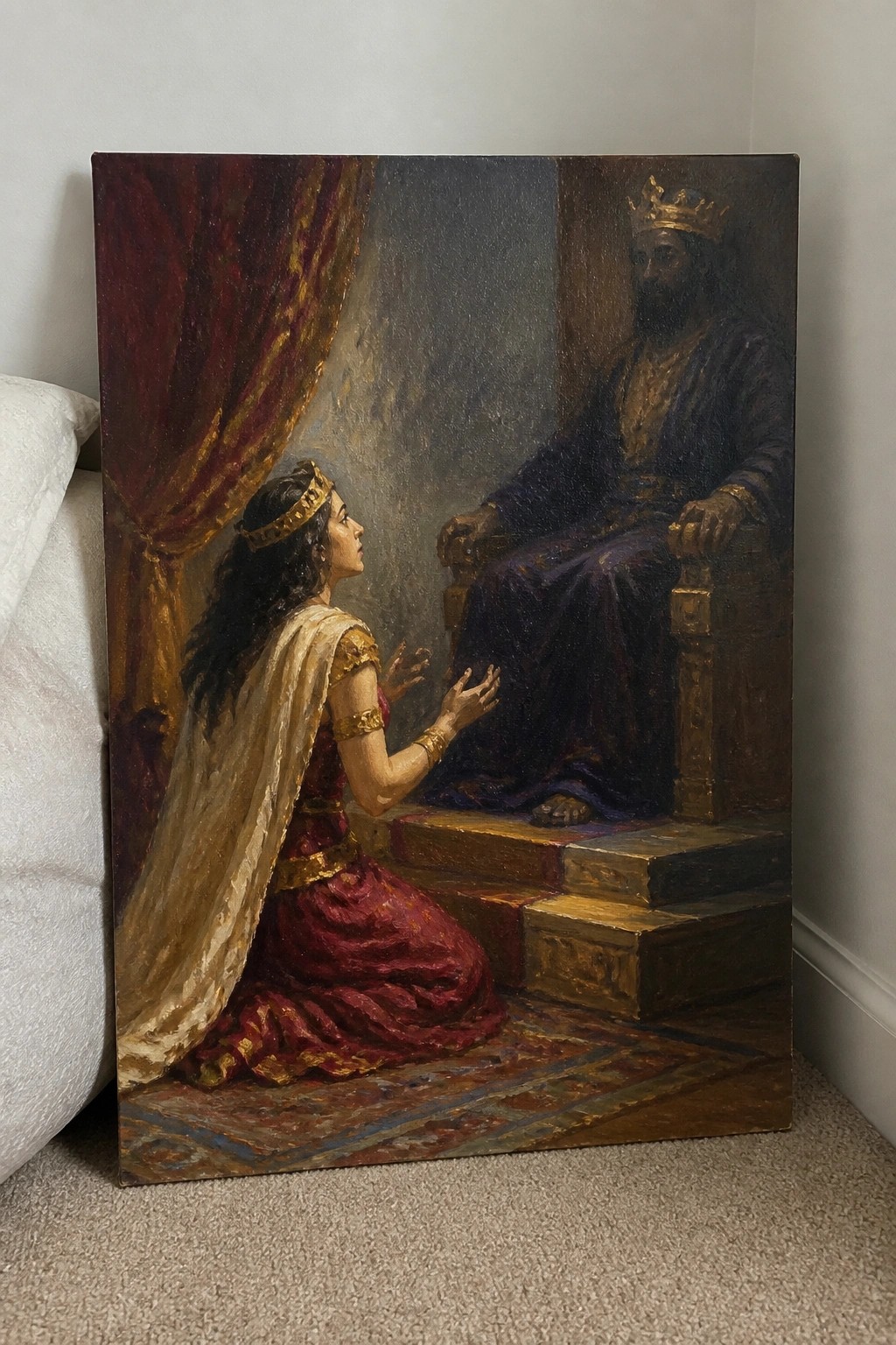 Kneeling woman in red gown pleads before bearded king on golden throne.