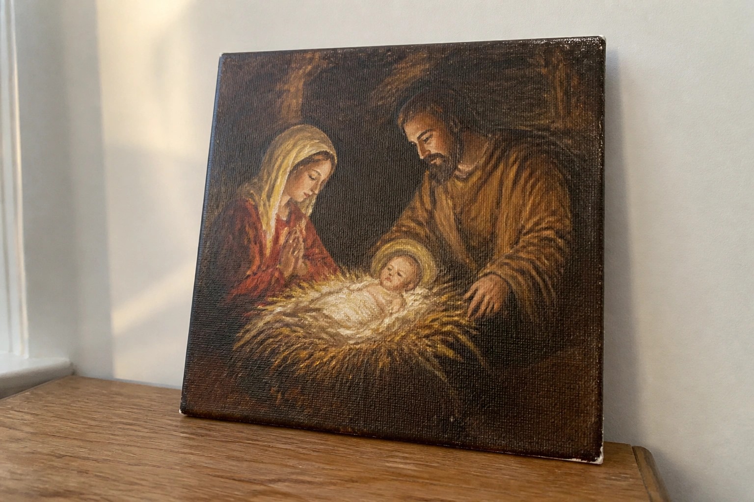 Bearded man in brown robe and veiled woman in blue gaze at swaddled baby in straw manger.