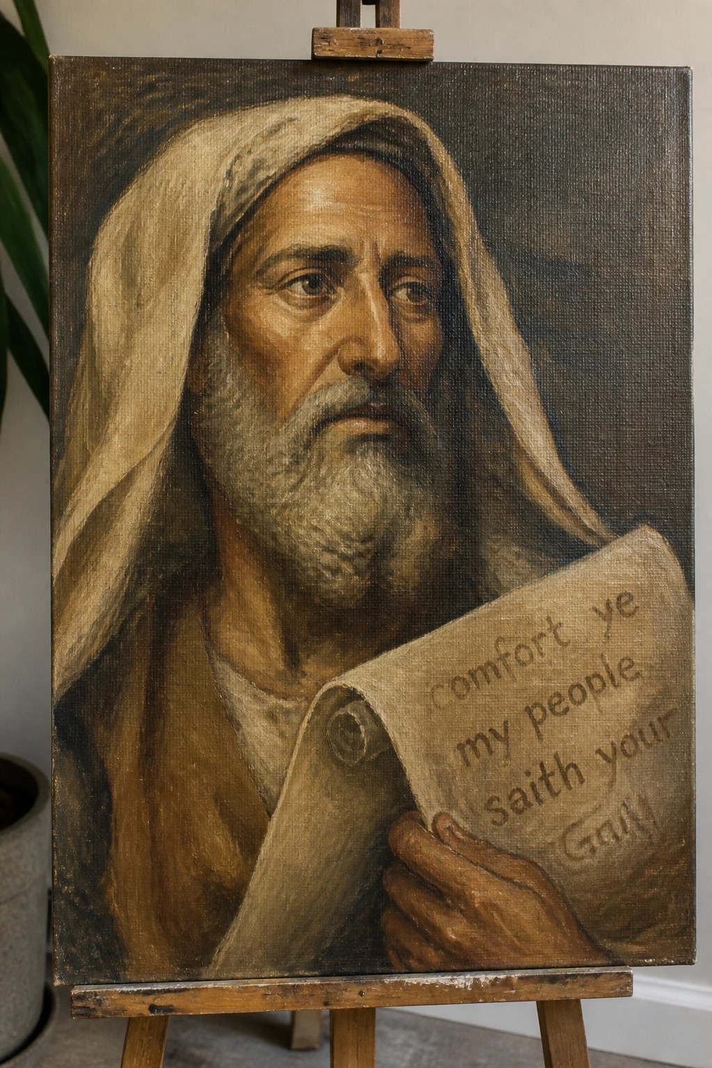 Oil painting of bearded man in white hood holding inscribed scroll on wooden easel.