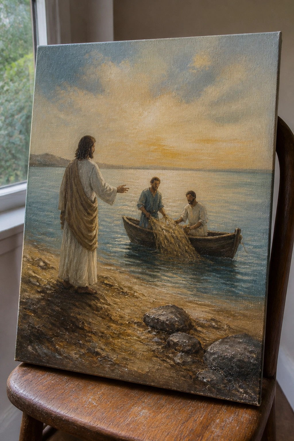 Jesus in robes gestures to two fishermen hauling nets from boat on calm water at sunset