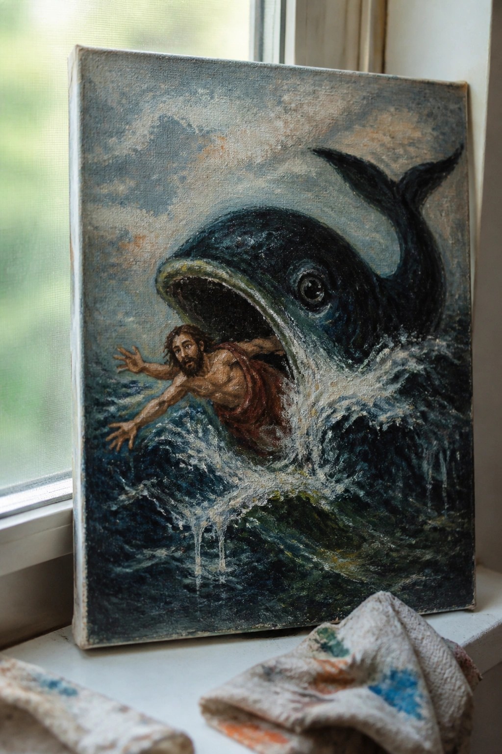 Oil painting of bearded man in red cloth swallowed by giant whale in stormy waves on windowsill.