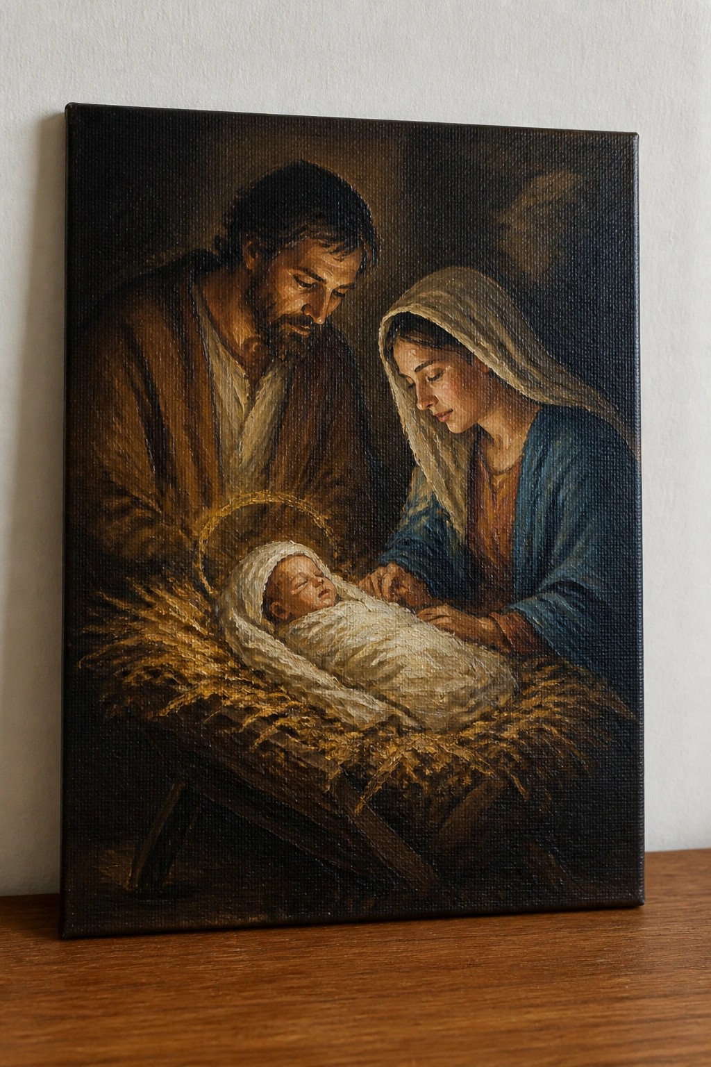 Bearded man in brown robe and veiled woman in blue gaze at swaddled baby in straw manger.