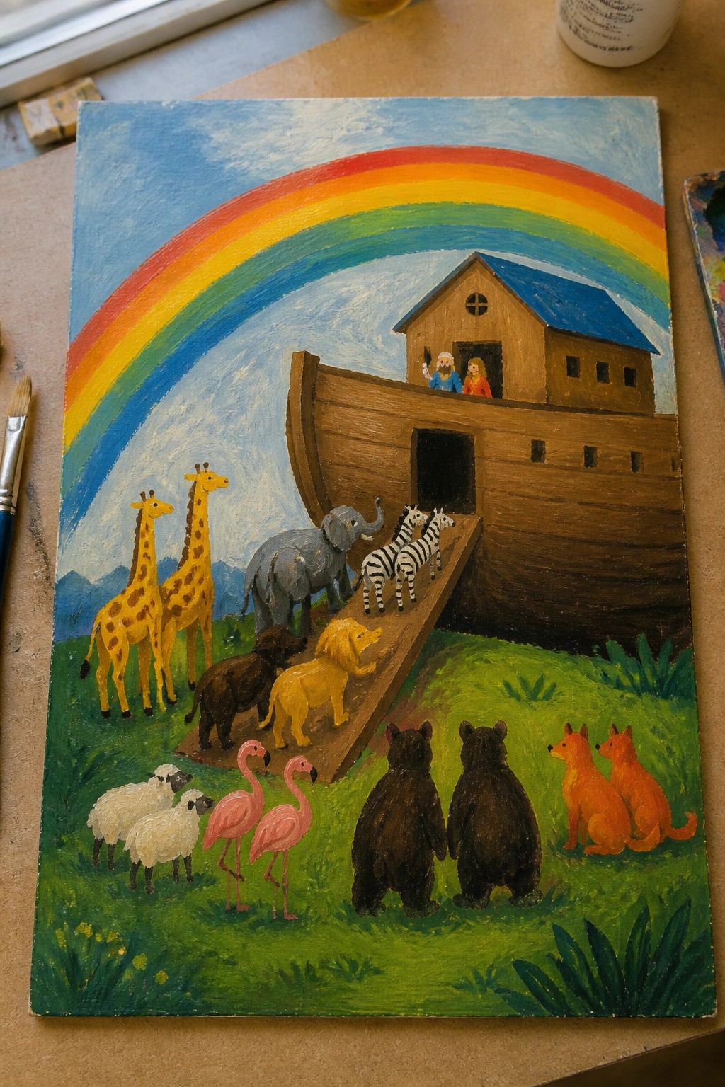 Colorful painting of Noah's Ark with animals boarding under rainbow, figures in doorway.