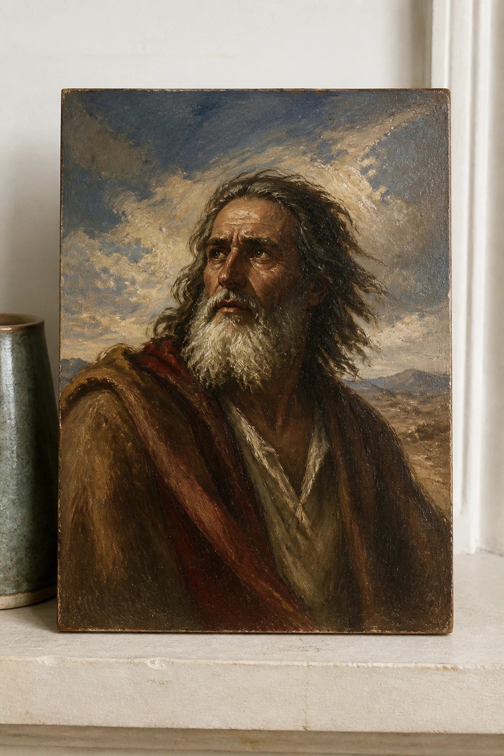 Elderly man with long gray hair and white beard in brown robes with red sash under dramatic sky.