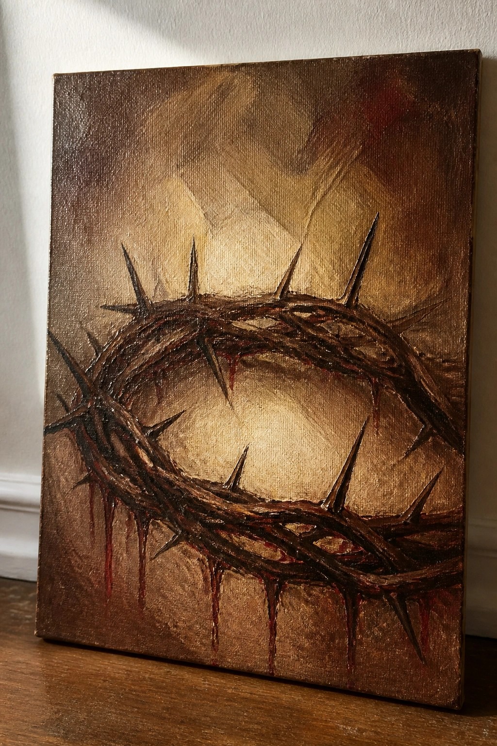 Crown of thorns painting with red blood drips on textured brown background