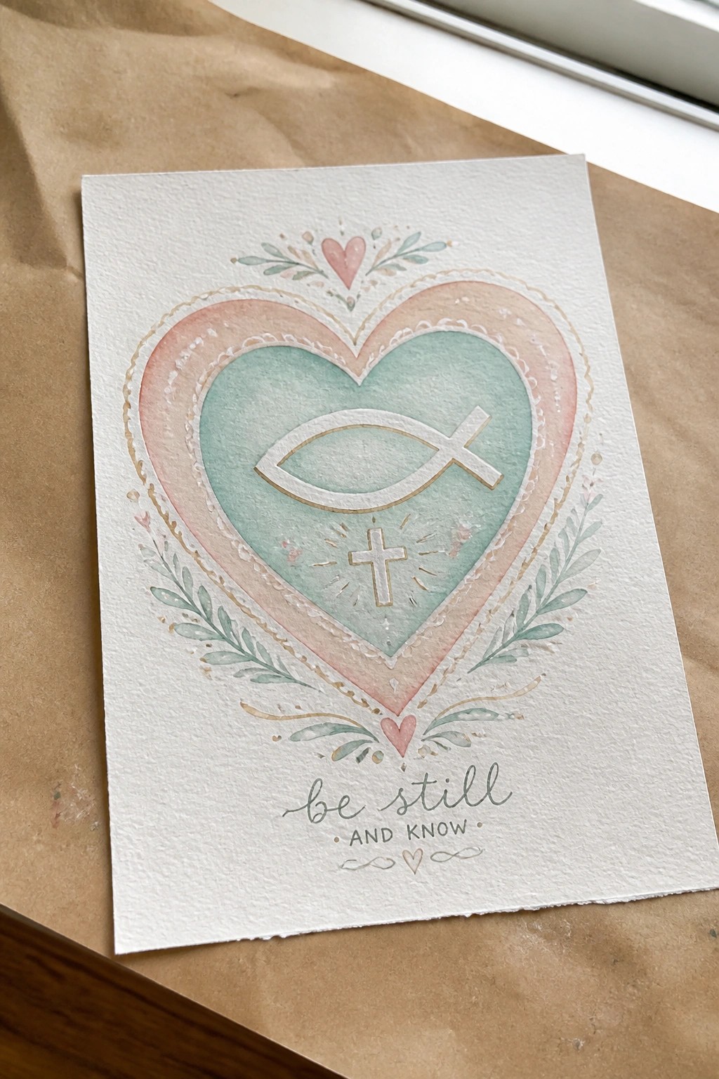 Watercolor heart with pink and teal layers, ichthys symbol, cross, and 