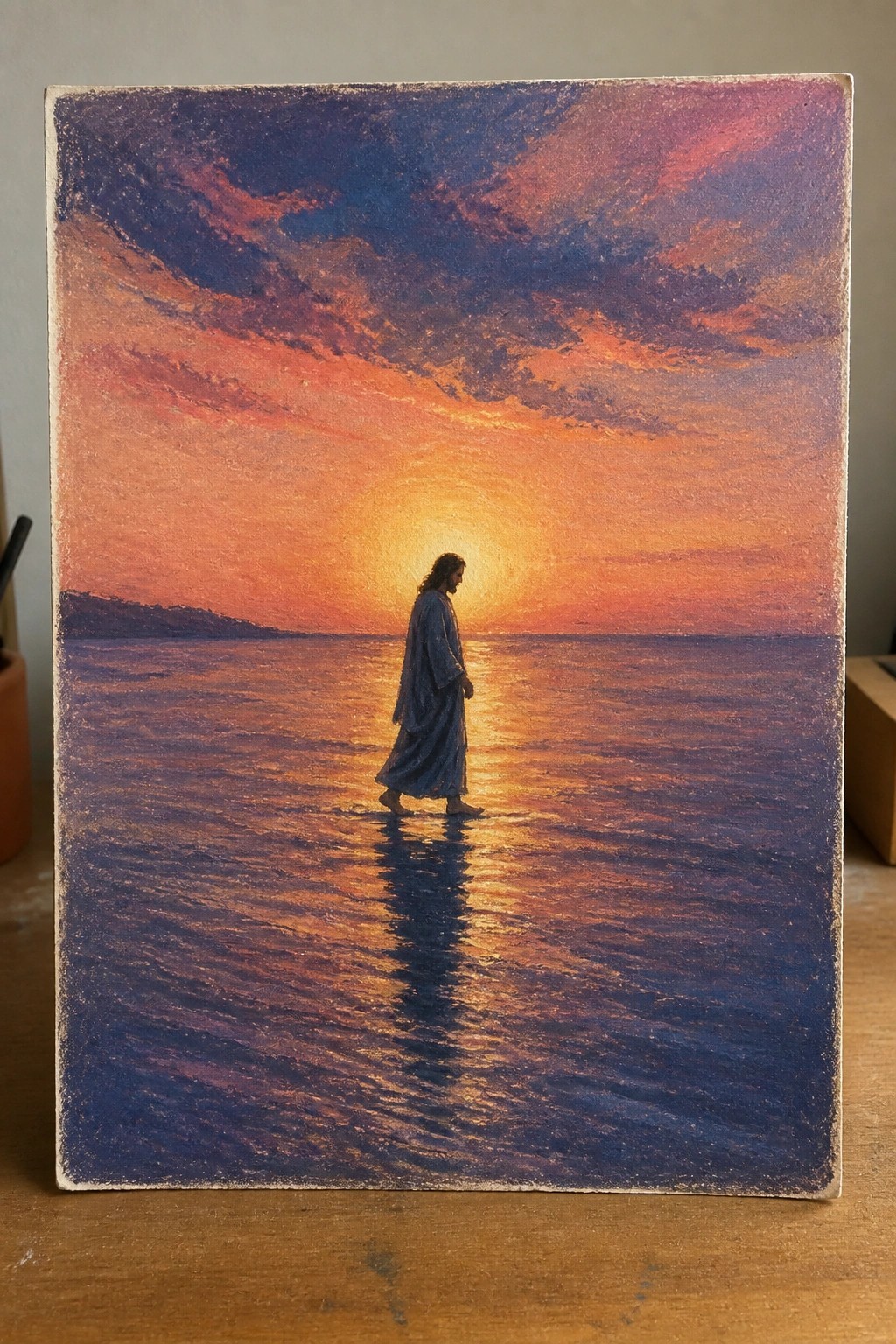 A painting of Jesus walking on water at sunset with colorful clouds and a bright sun reflecting on the sea.