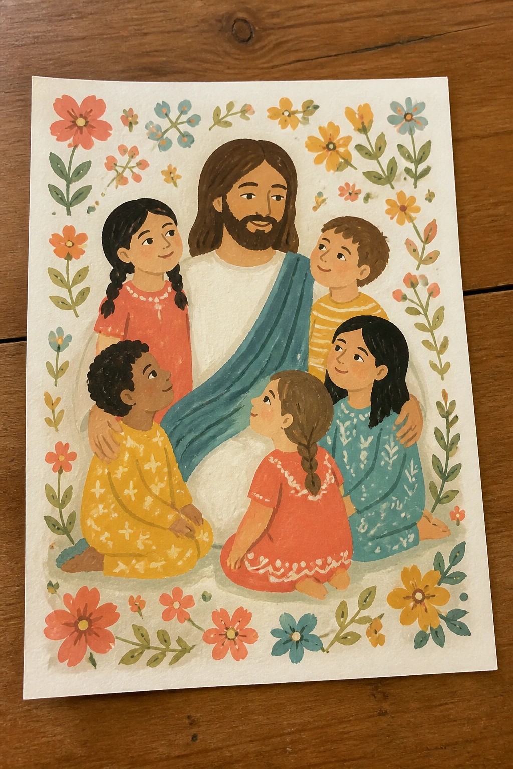 Jesus in white and blue robe with four children amid colorful floral border