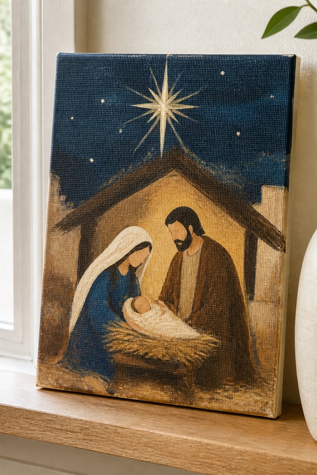 Nativity painting with Mary in blue veil, Joseph, and baby in straw manger under golden star.