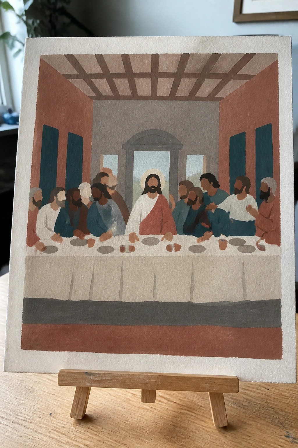 Watercolor Last Supper with haloed Jesus in red-white robe among robed apostles at long table