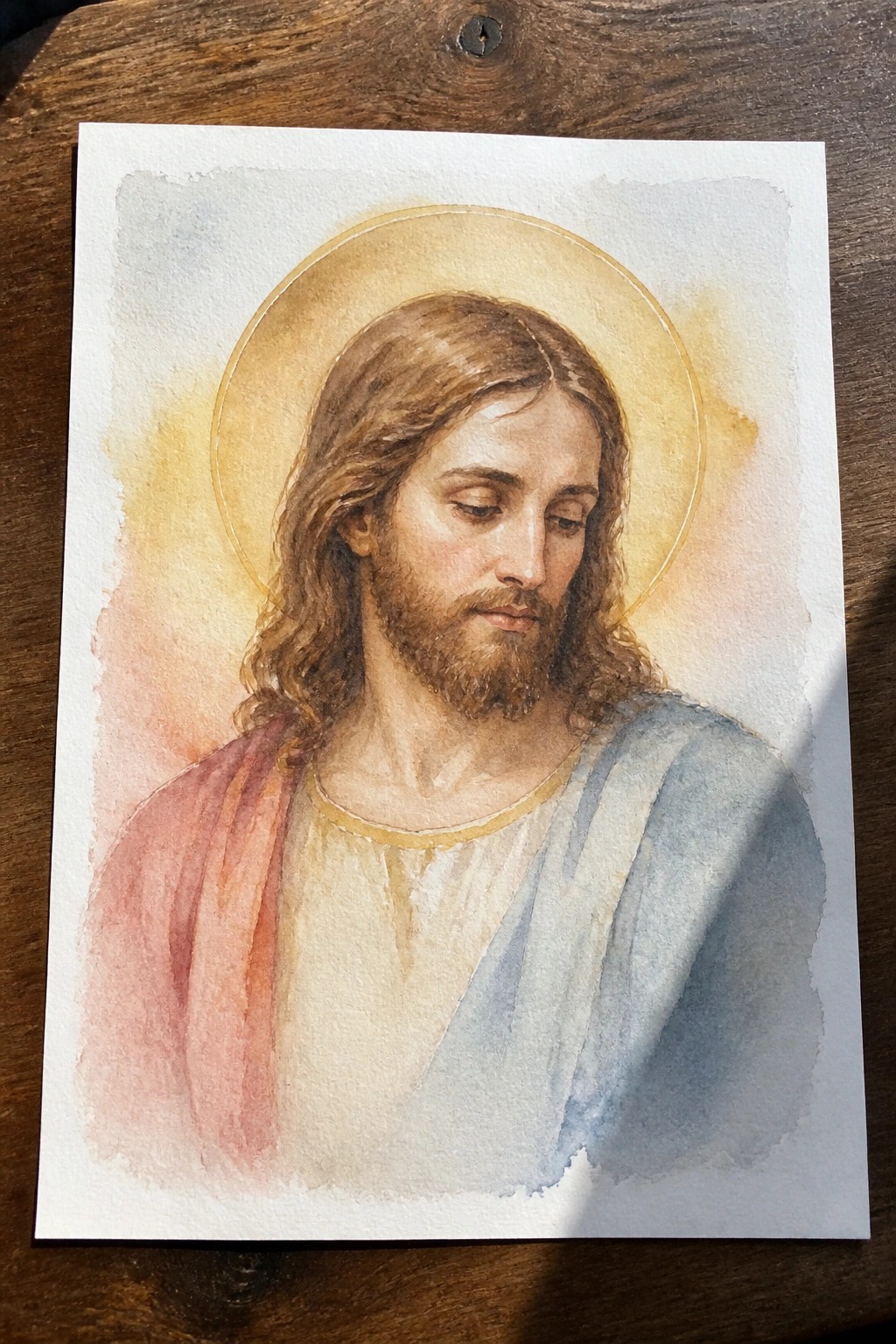 Watercolor portrait of Jesus with long brown hair, beard, golden halo, and red-blue robes.