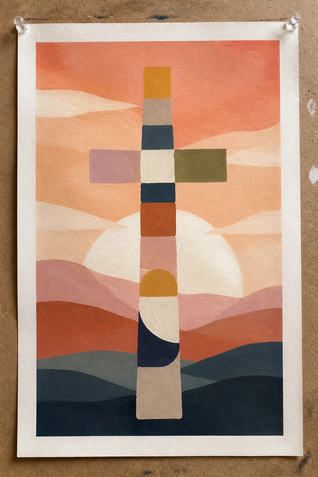 Abstract artwork of stacked colorful blocks forming a cross over layered sunset hills.