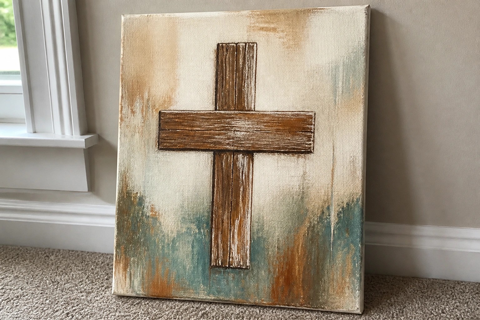 Textured brown cross with paint drips on abstract beige and teal canvas.