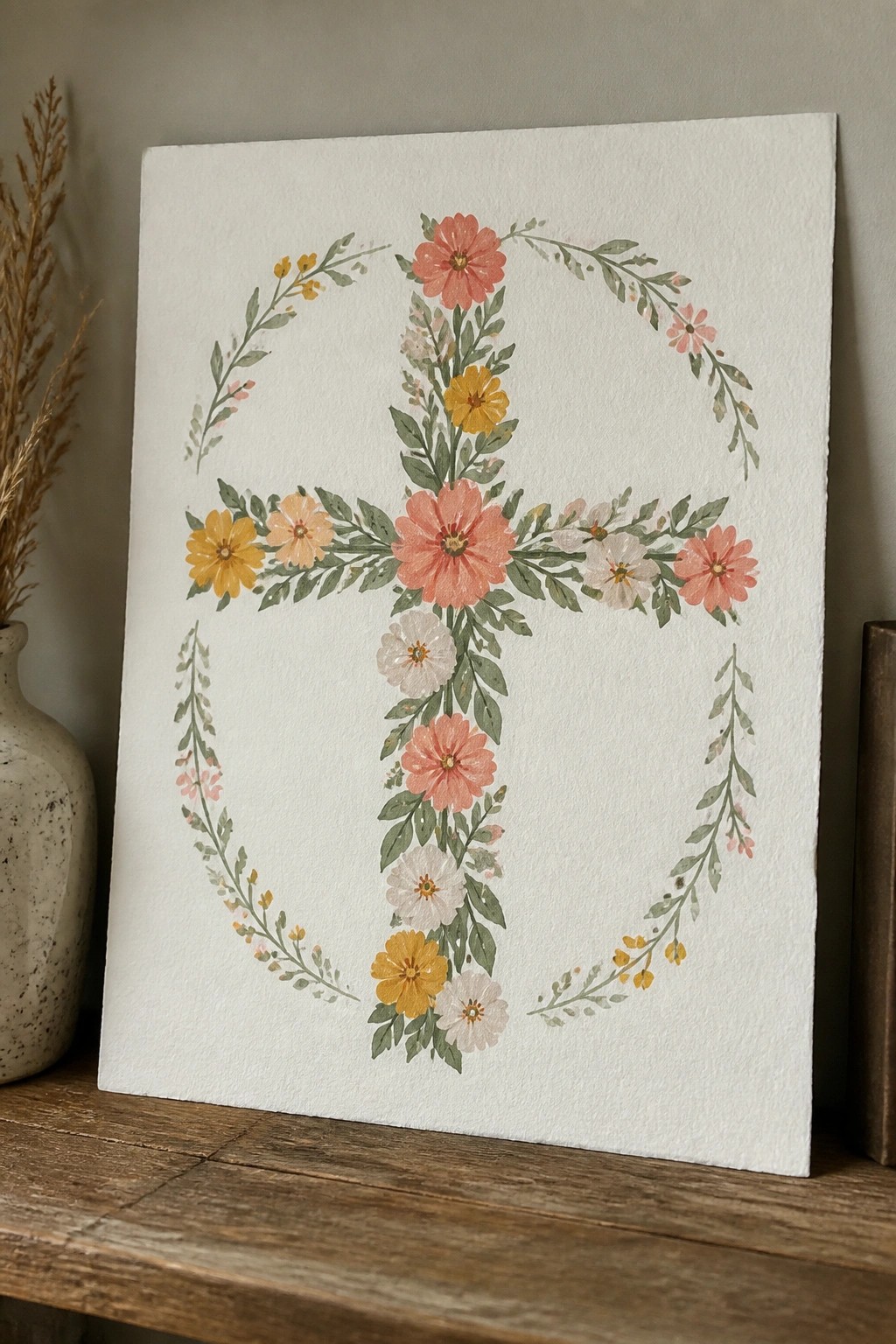 Watercolor floral cross with pink, yellow, and white blooms amid green vines on paper.