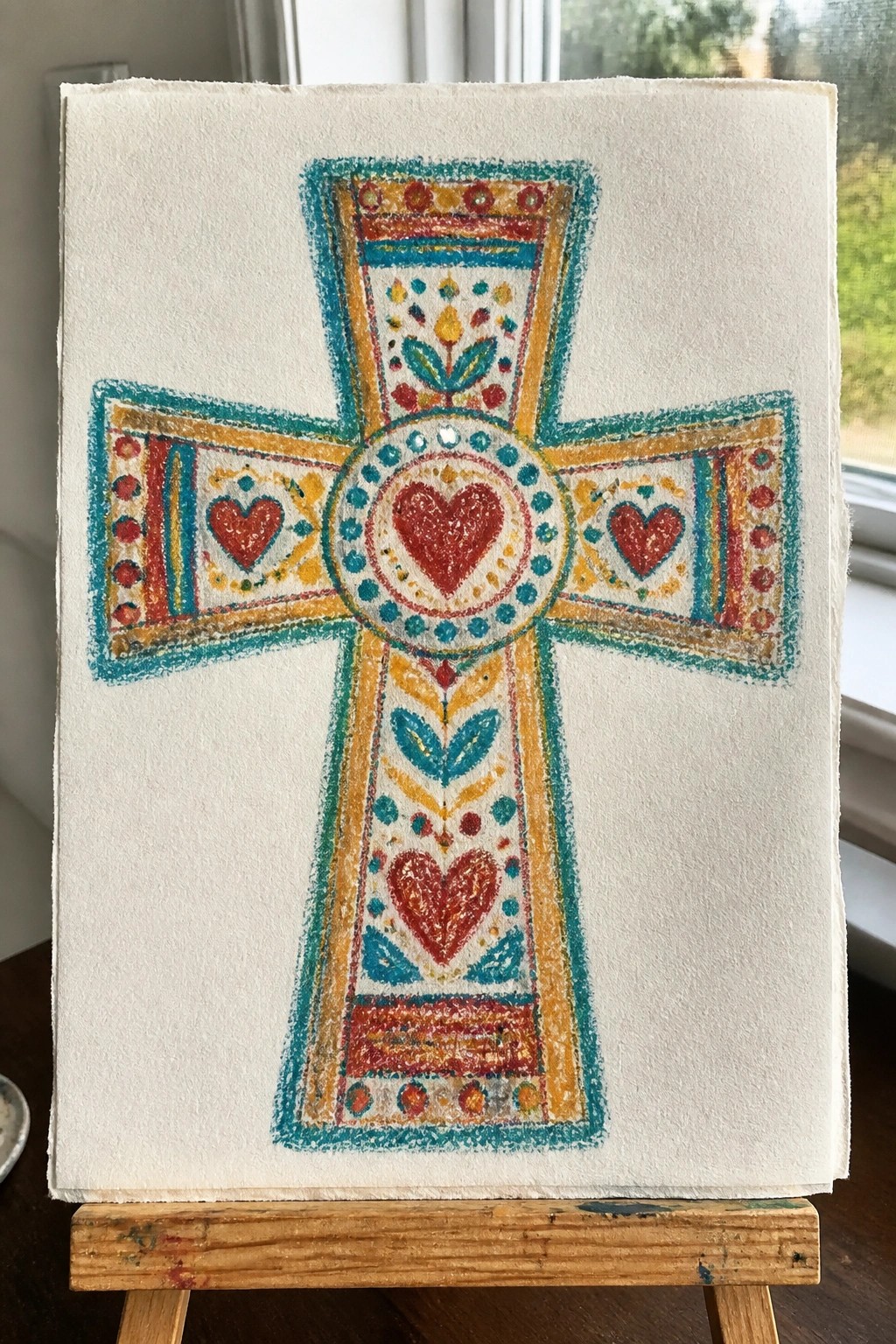 Vibrant patterned cross with red hearts on white paper atop wooden easel.