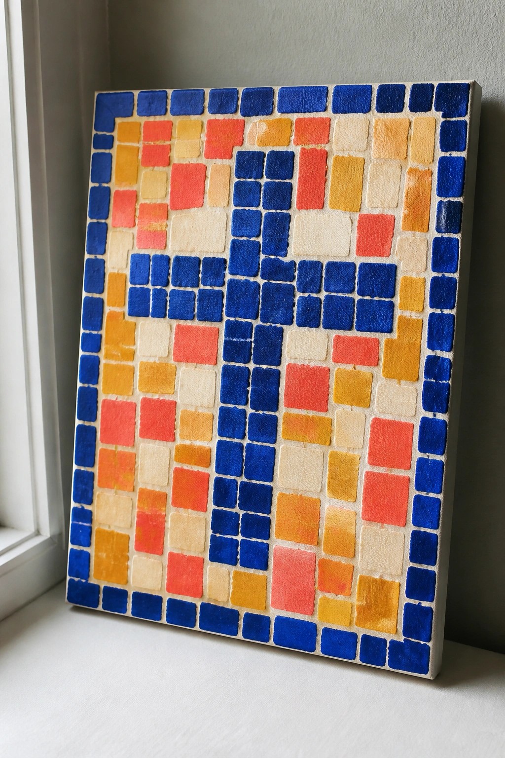 Abstract painting of colorful squares in blue, red, orange, and yellow on canvas.