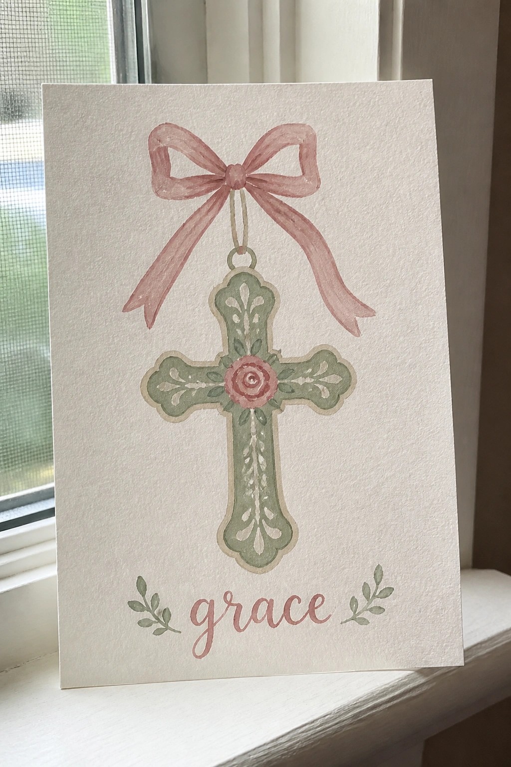 Pink bow above green floral cross with rose and 
