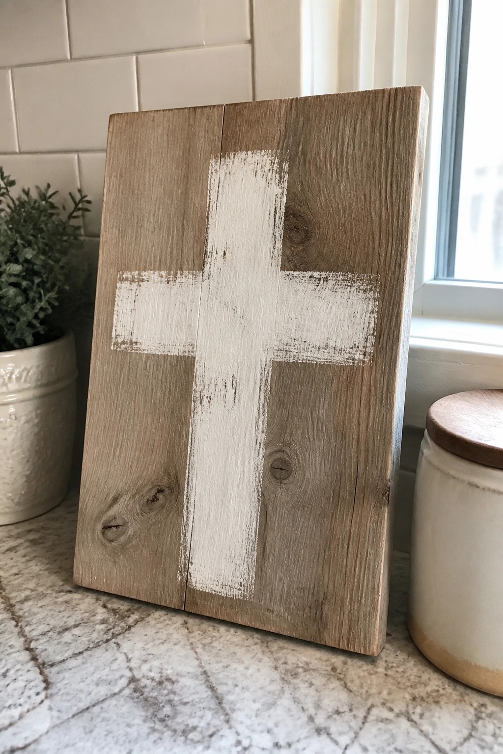 Rustic wooden plaque with white cross on marble countertop near window.