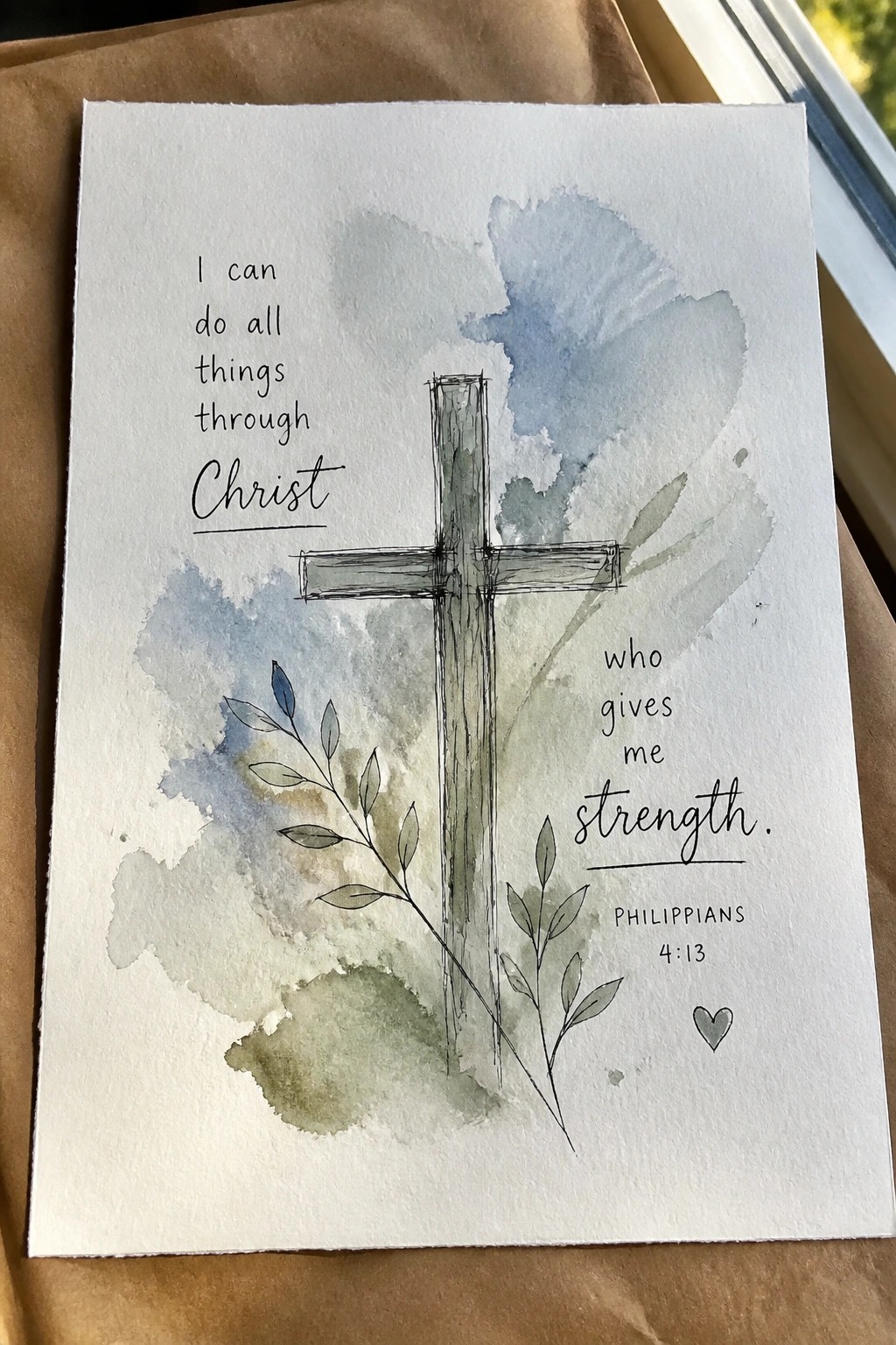 Watercolor cross artwork with Philippians 4:13 verse, blue-green washes, and leafy branches.