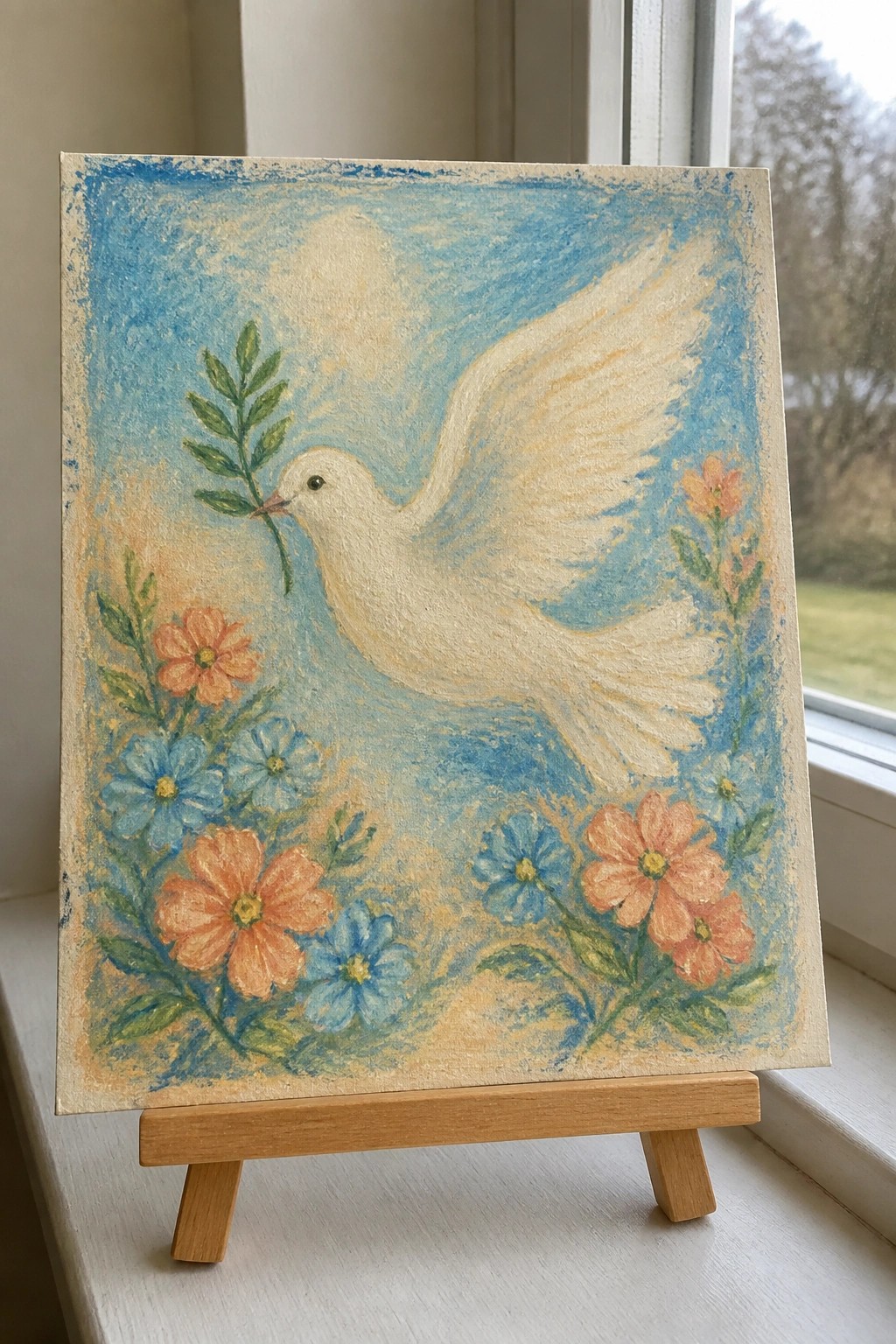 White dove with olive branch flies amid orange and blue flowers in soft pastel painting.
