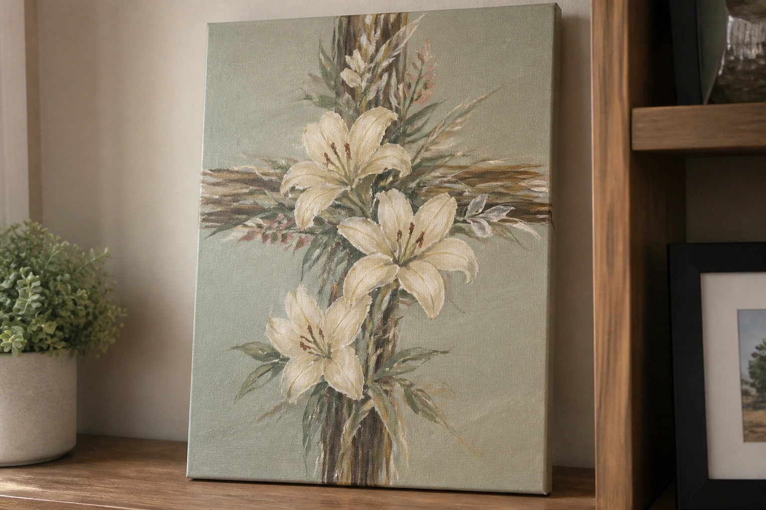 Canvas painting of white lilies around wooden cross with green foliage on sage background.