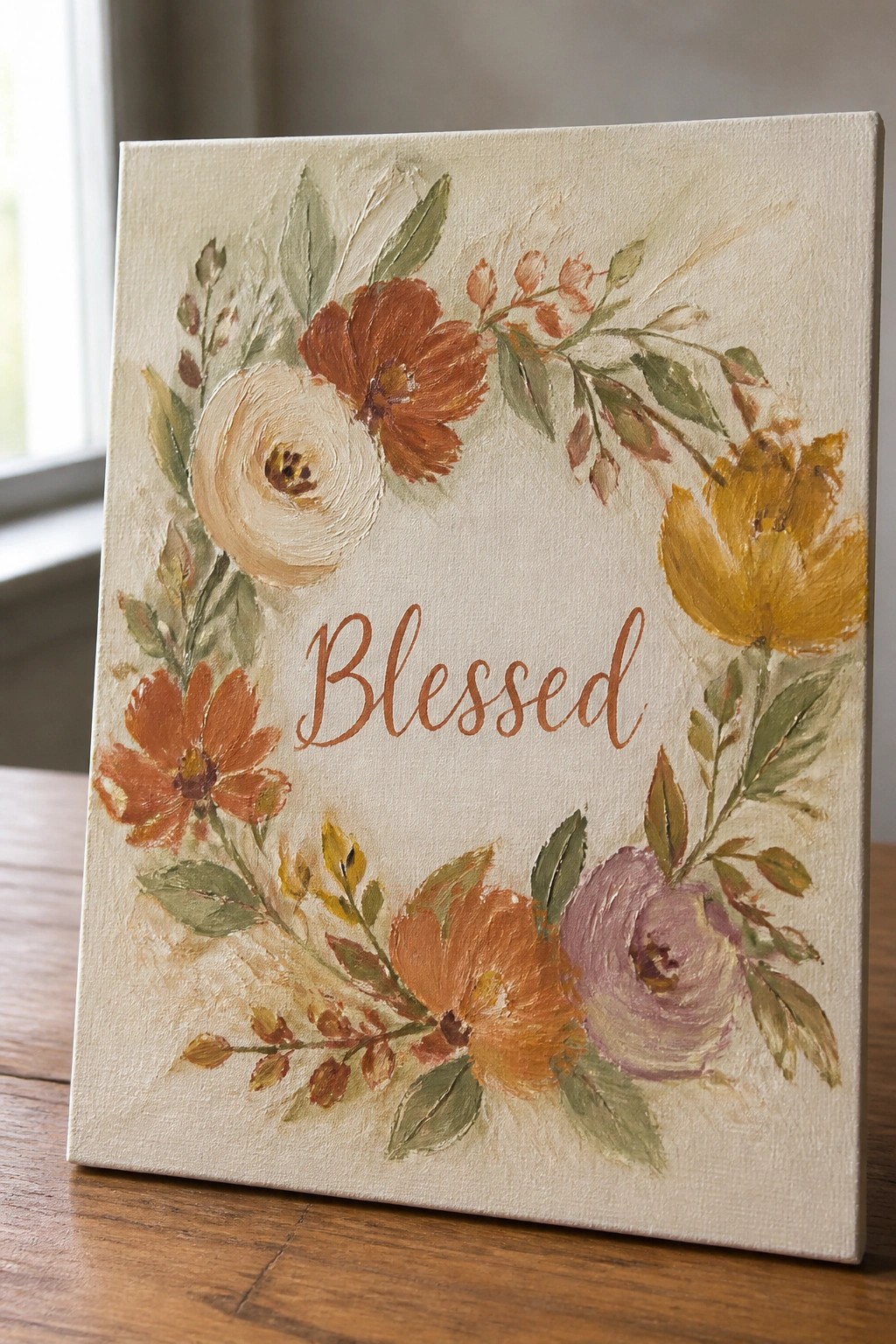 Floral canvas painting with autumn blooms encircling the word Blessed in cursive