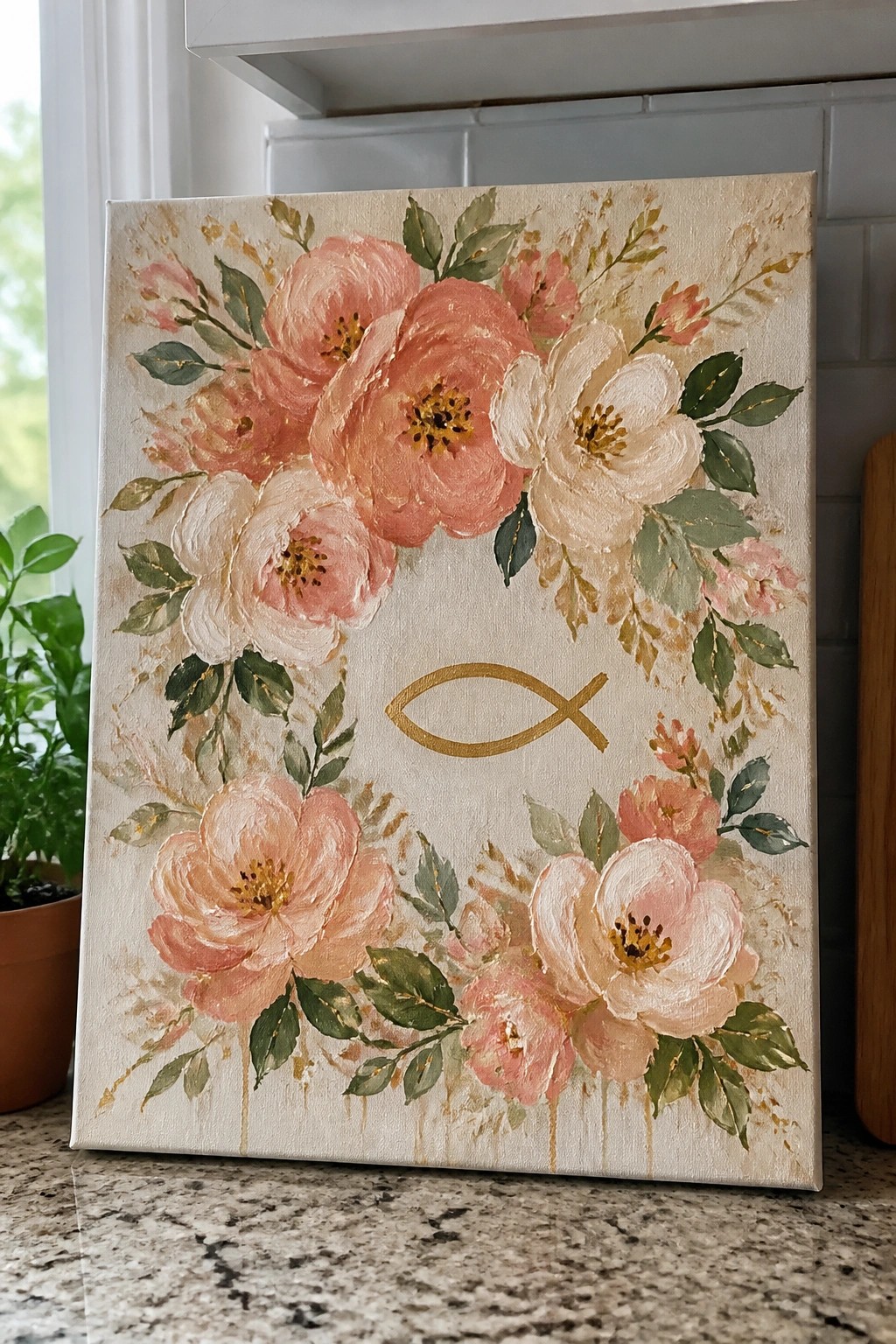 Floral canvas painting with pink peonies encircling a golden Christian fish symbol
