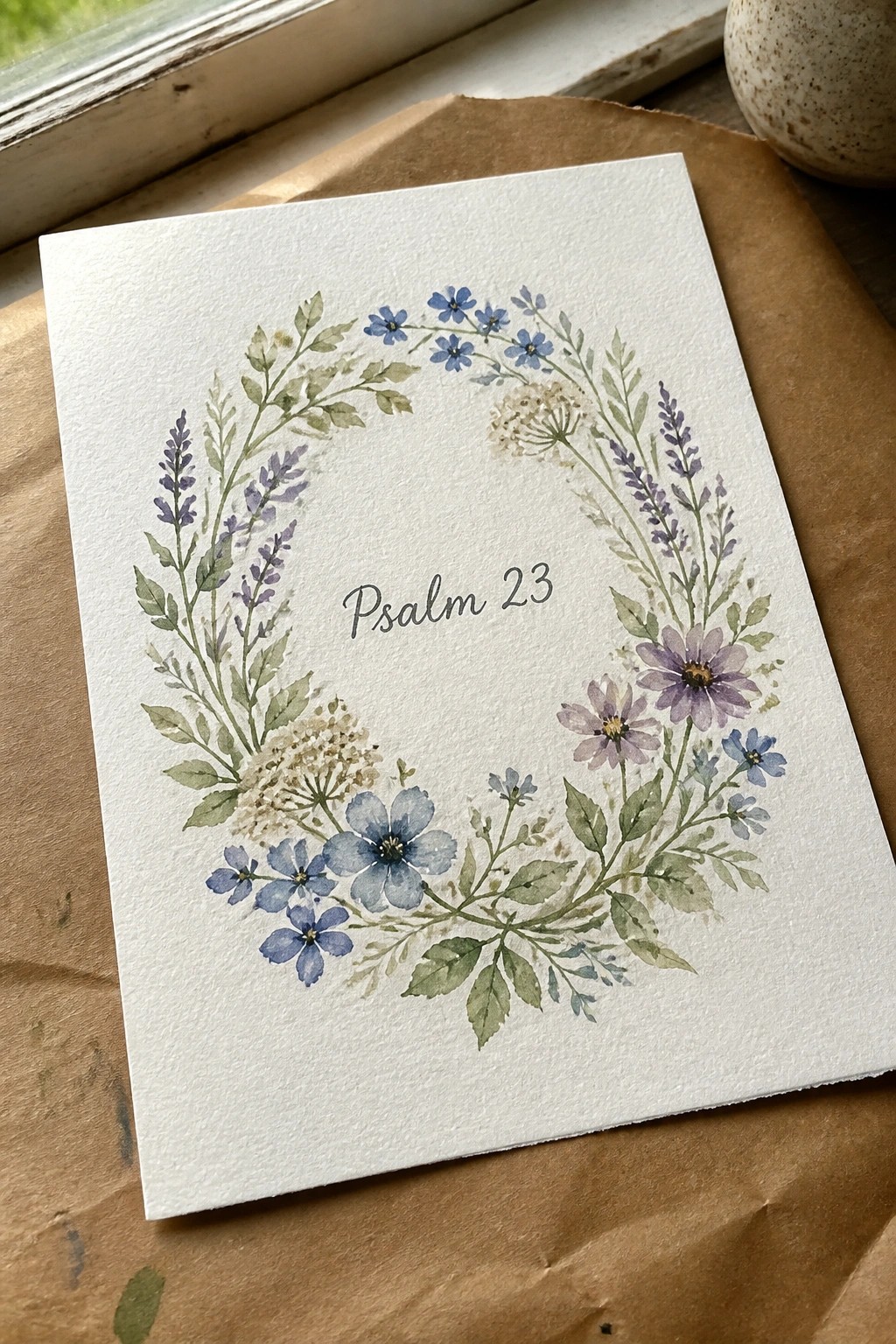 Watercolor floral wreath with blue and purple blooms around Psalm 23 on white card