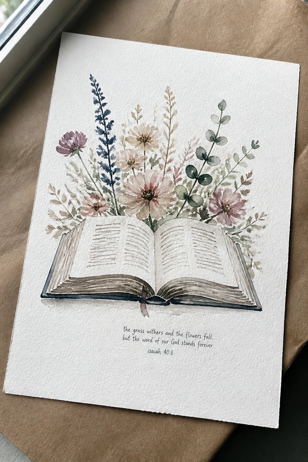 Watercolor of open book blooming with pink flowers and greenery, Isaiah 40:8 quote below.