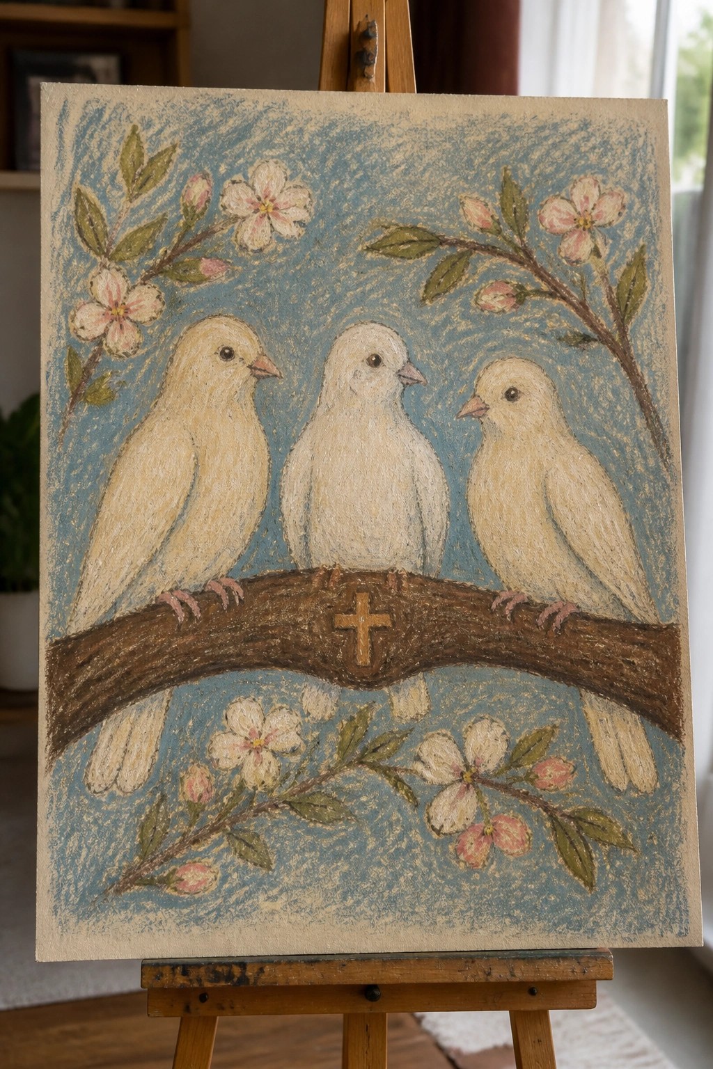 Three white birds on a branch with cross, pink flowers on blue background