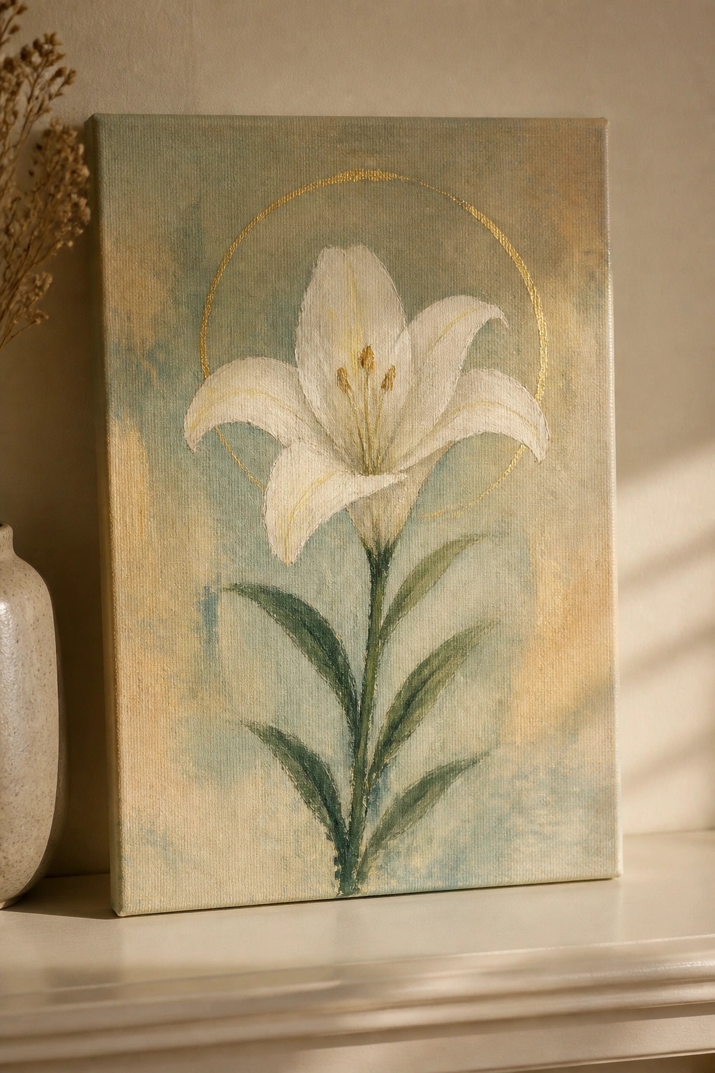 White lily with gold halo painted on canvas beside speckled vase.