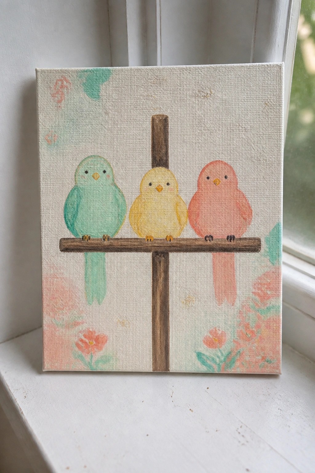 Three pastel birds perched on wooden cross in floral watercolor painting