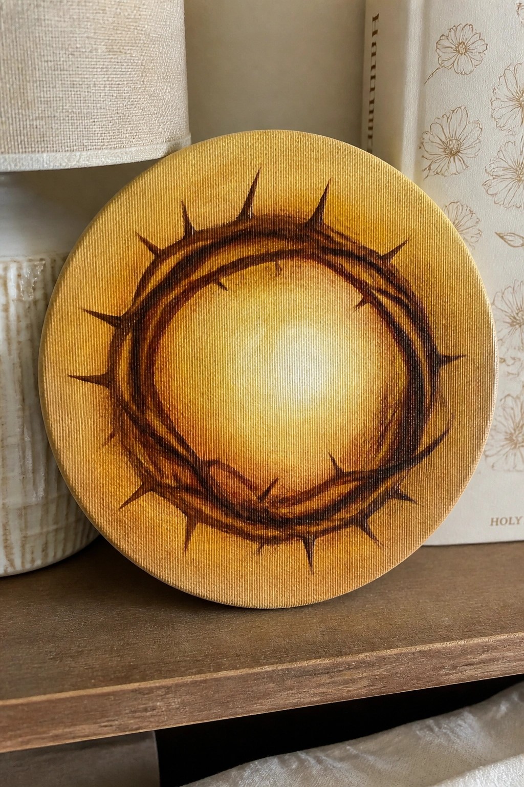 A round canvas shows a crown of thorns surrounding a glowing yellow center painted in warm brown and orange tones on a wooden shelf.
