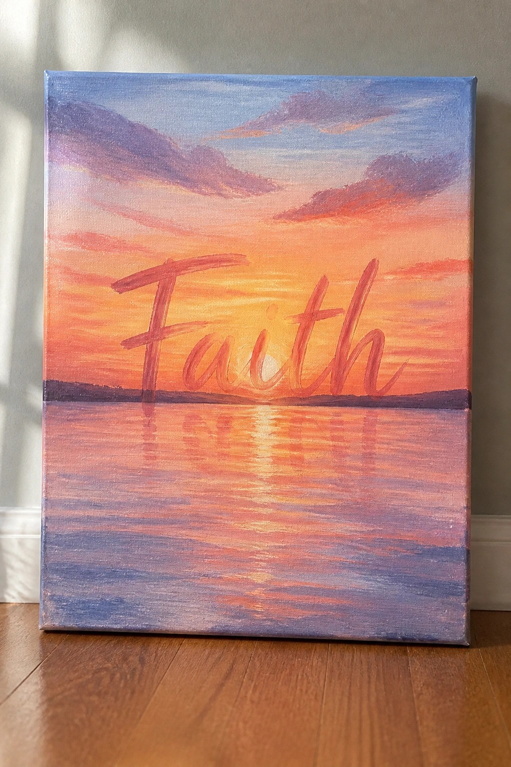 Canvas painting of vibrant sunset over water with red 