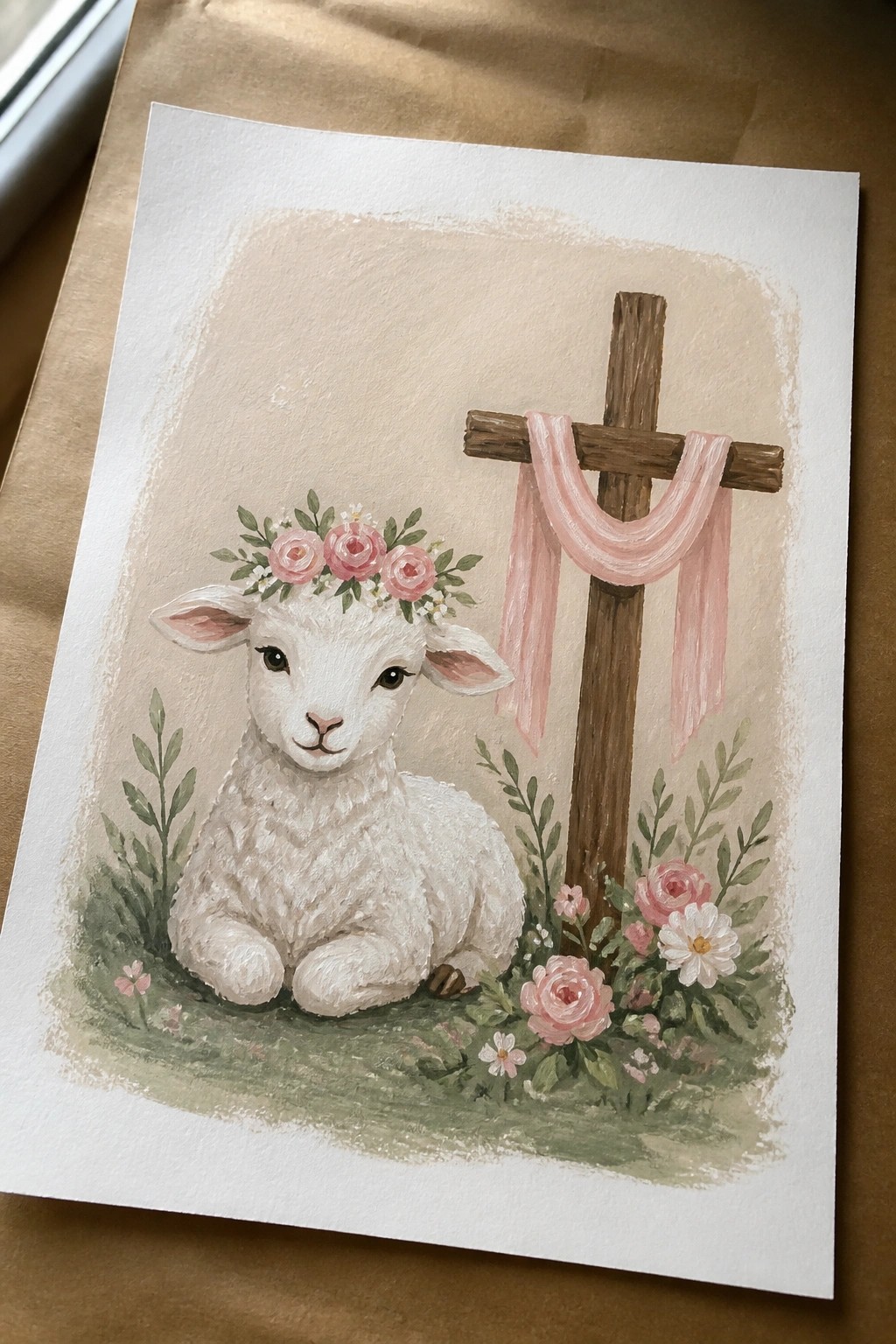 Watercolor of fluffy white lamb with pink rose crown beside wooden cross with pink ribbon and flowers
