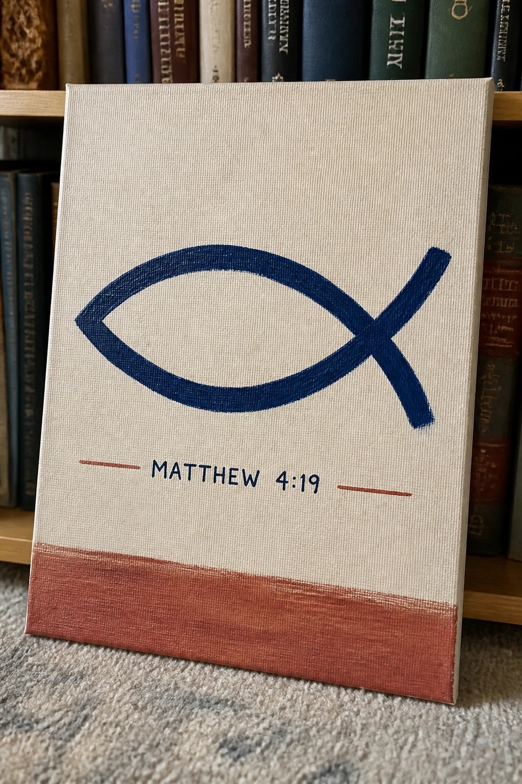 Canvas painting of a blue fish symbol above the text Matthew 4:19 with a reddish-brown stripe along the bottom.