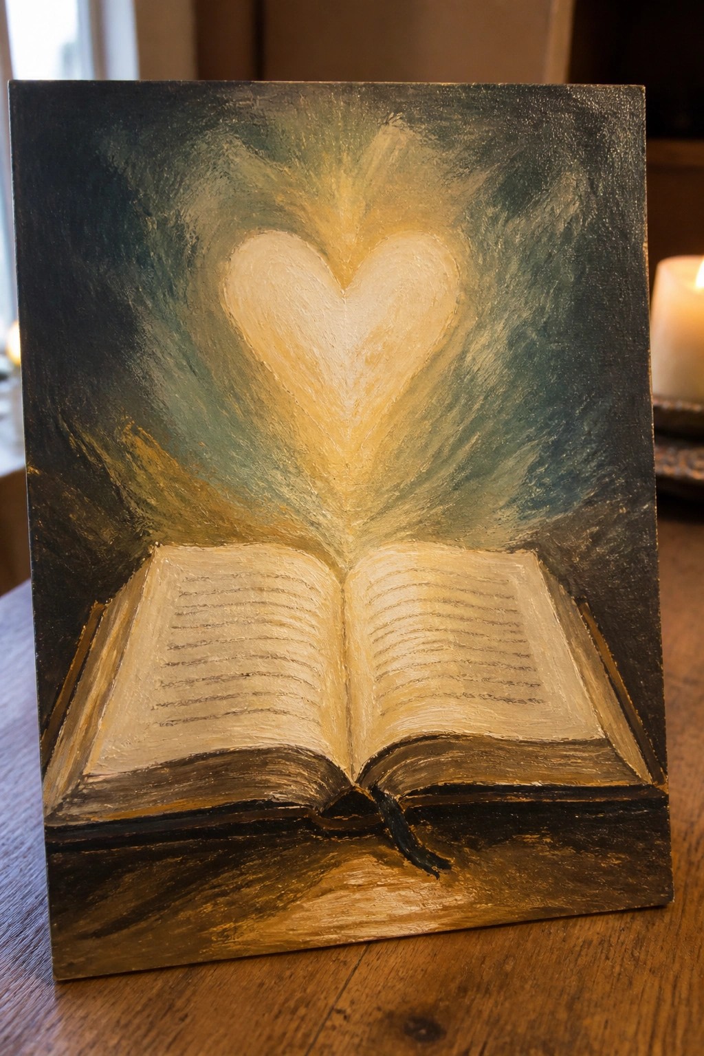 Dark textured painting of open book with glowing heart above pages beside candle