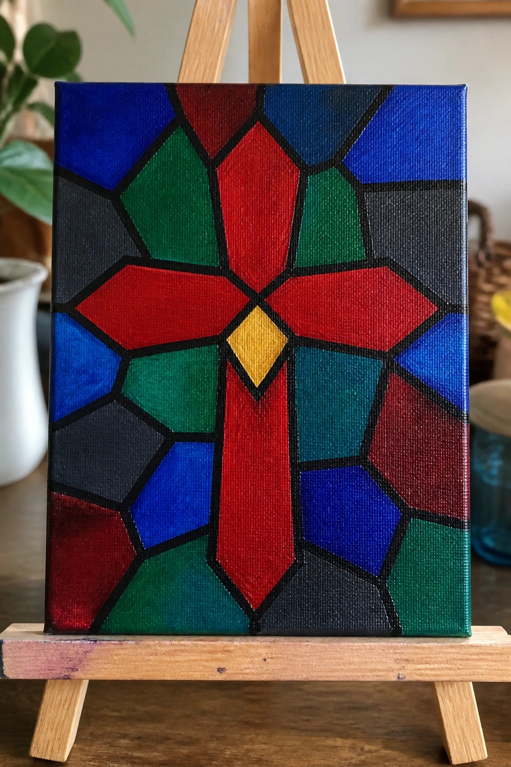 Colorful stained-glass style abstract painting with red cross and yellow center on easel