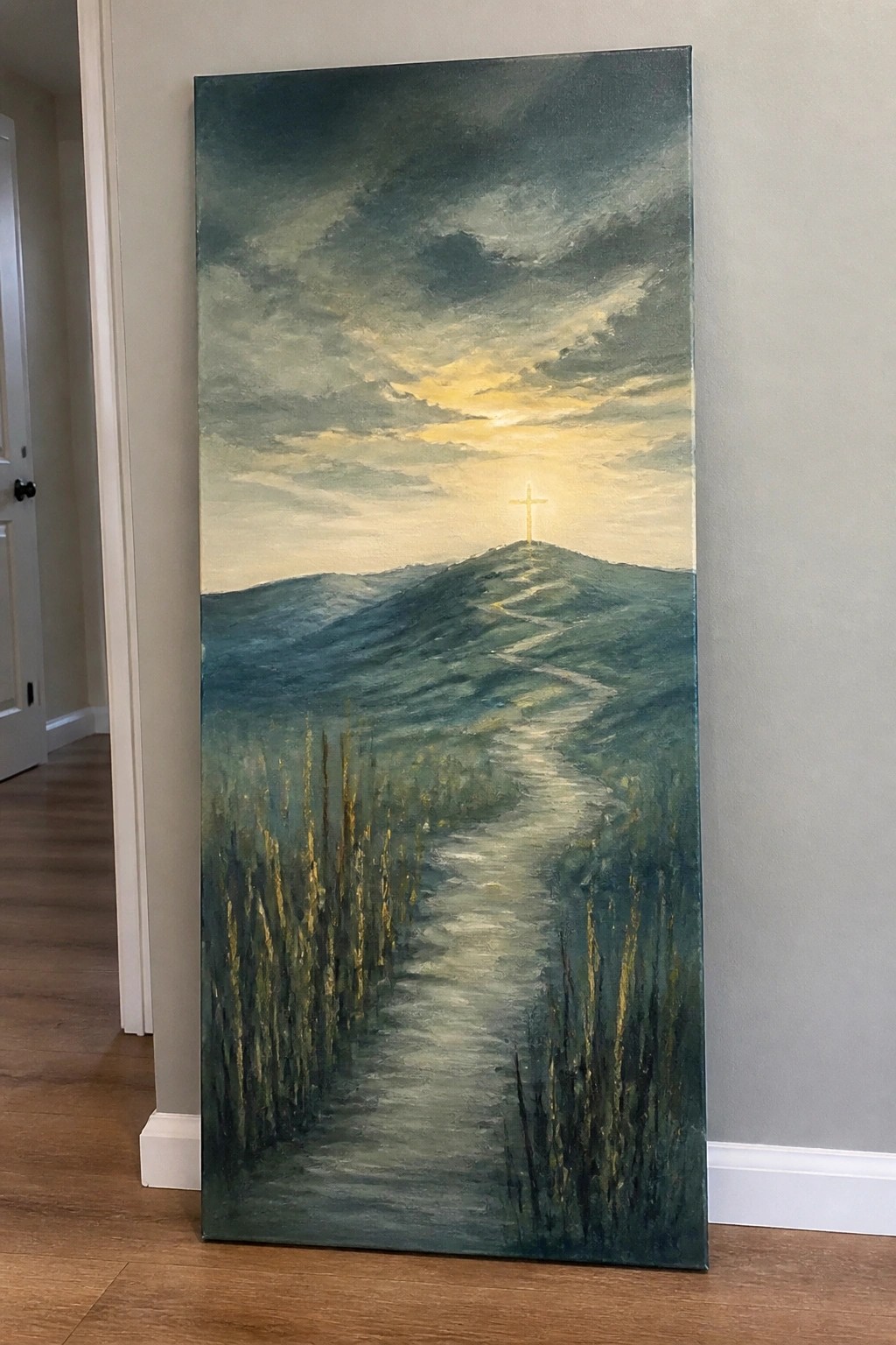 Vertical oil painting of winding path through hills to glowing cross at sunset.