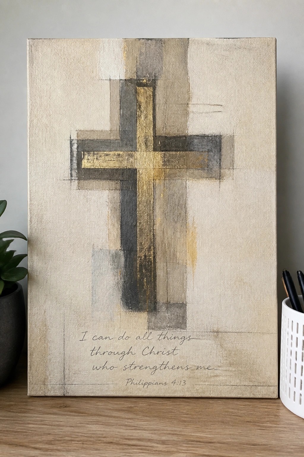 Abstract beige canvas with gray-gold cross and Philippians 4:13 verse below
