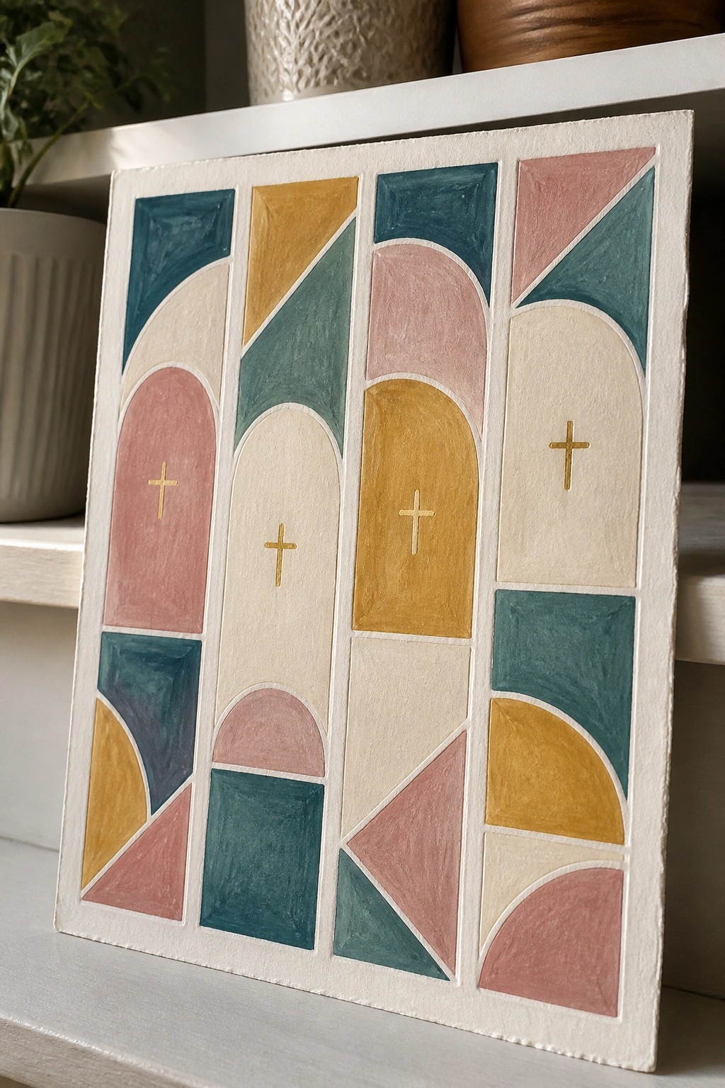 Pastel geometric artwork with arches, triangles, squares and gold crosses on shelf