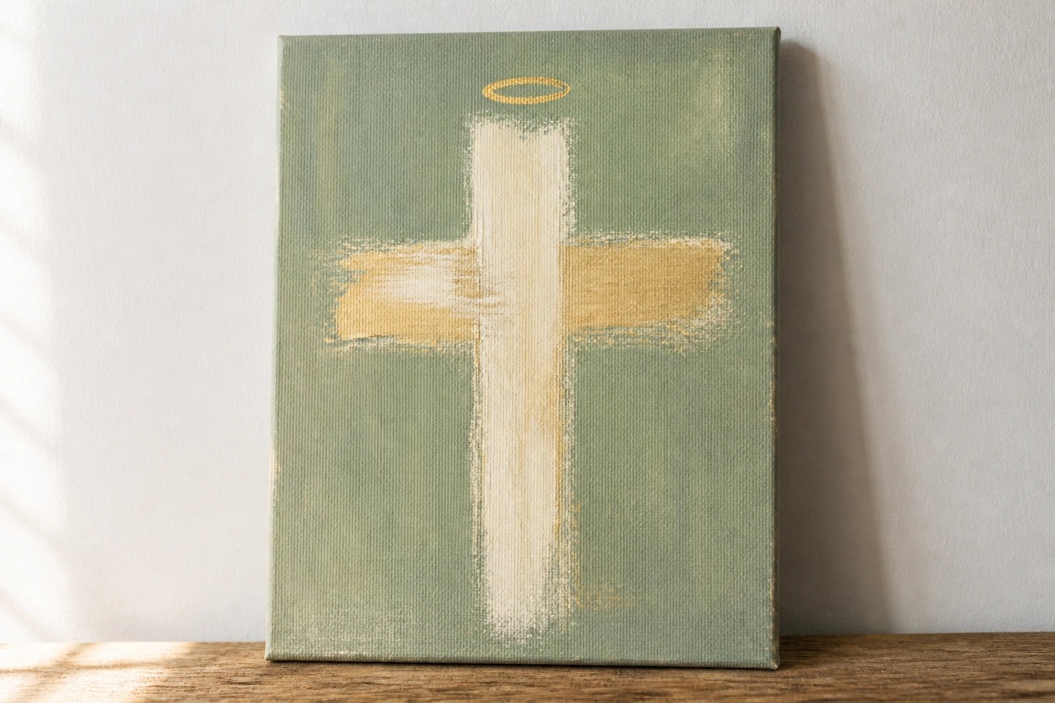 Sage green canvas with beige cross, golden halo, and gold accents on wooden surface