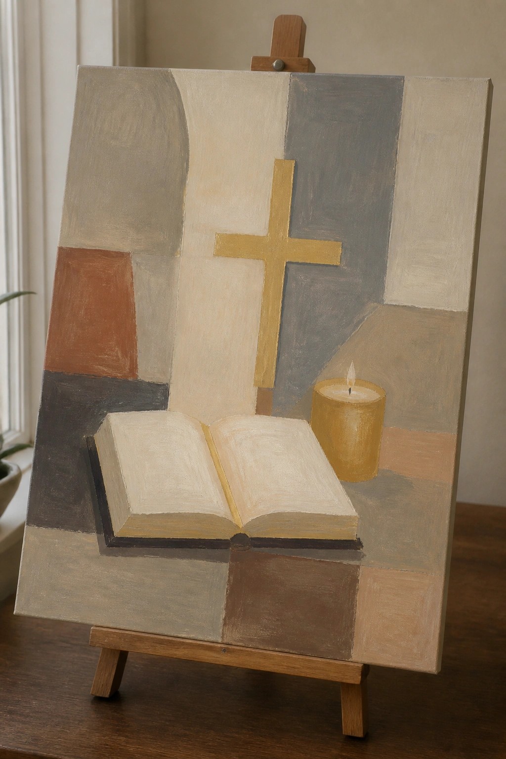 Abstract painting on easel with open book, lit candle, and golden cross
