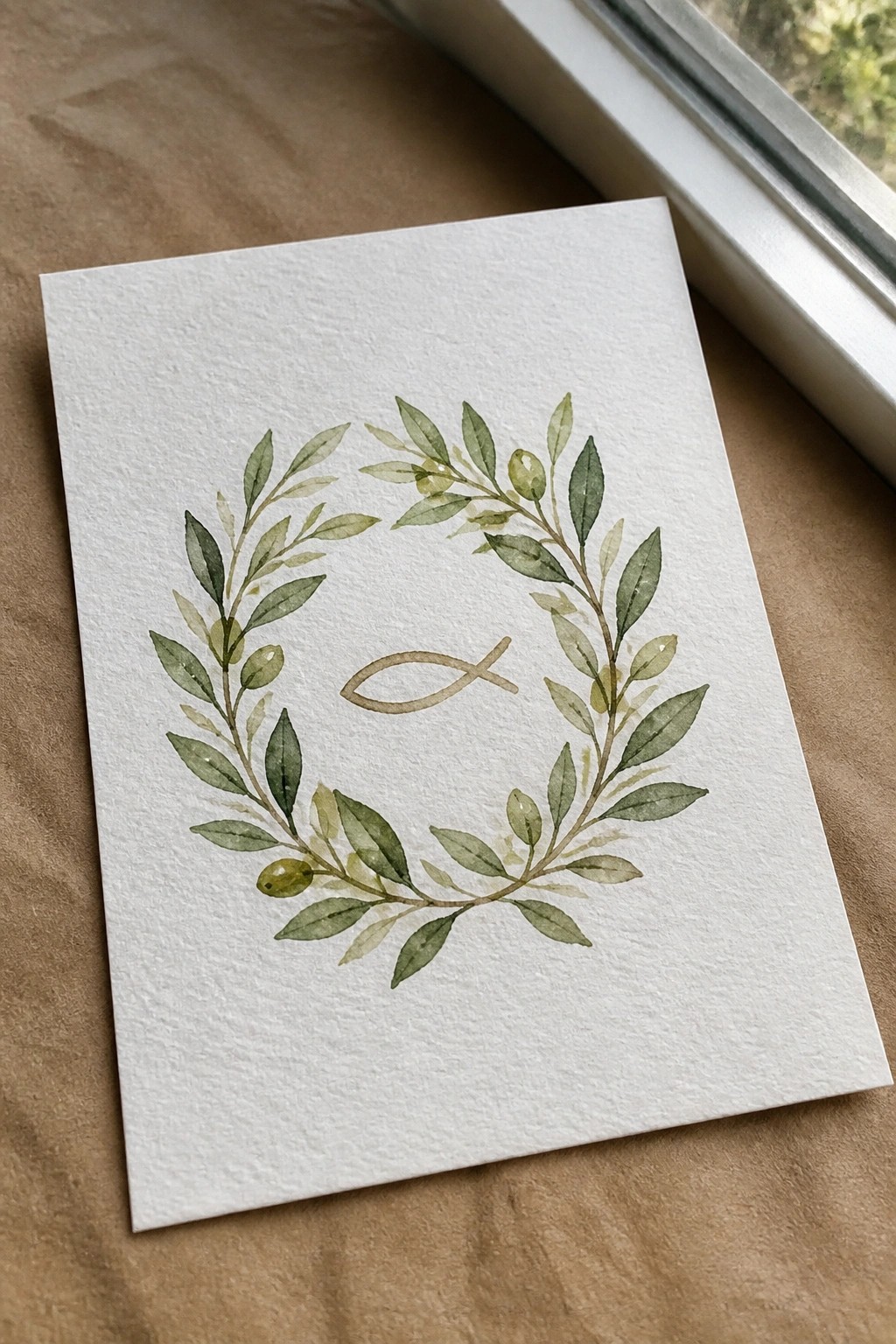 Watercolor olive wreath with green leaves and central fish symbol on white card